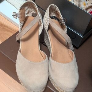 Neutral Beige Espadrille Wedge Sandals - Suede Slingback